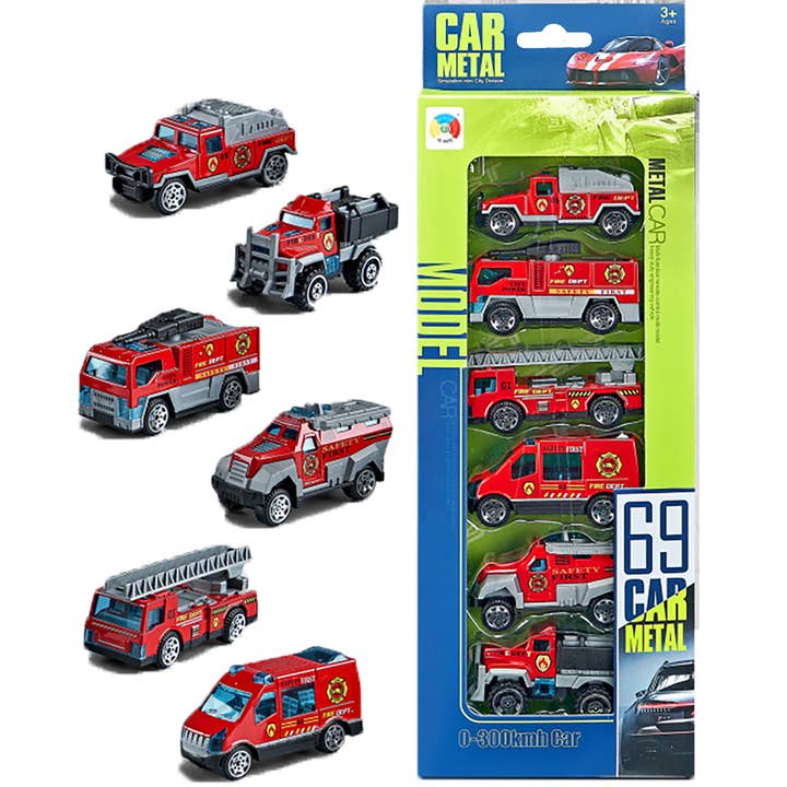 Set of 6 Die-Cast Fire Vehicles in Peggable Retail Box for wholesale by Texas Toy Distribution