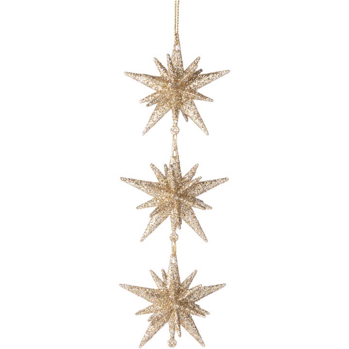 Silver Tree Home & Holiday - Wholesale Ornament - A65563: Chmp gld glit acrylic Moravian star-3 dang orn,6.3in