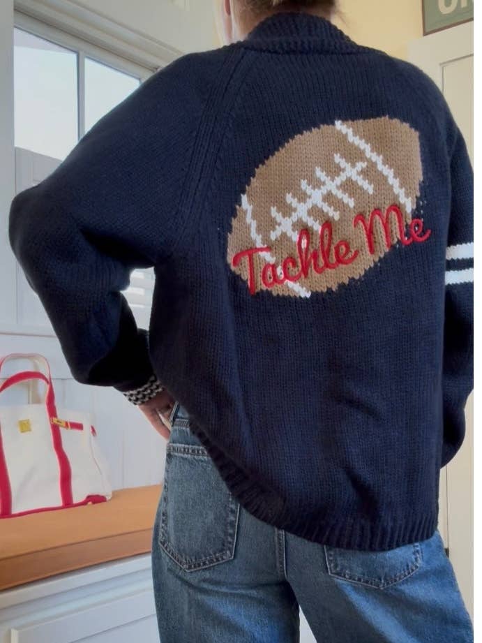 Tackle Me Football Varsity Cardigan In Navy for wholesale by Pink Pineapple