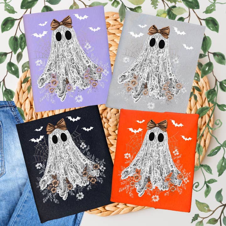 White Lace Ghost Graphic T-Shirt for wholesale by Duck Creations Wholesale