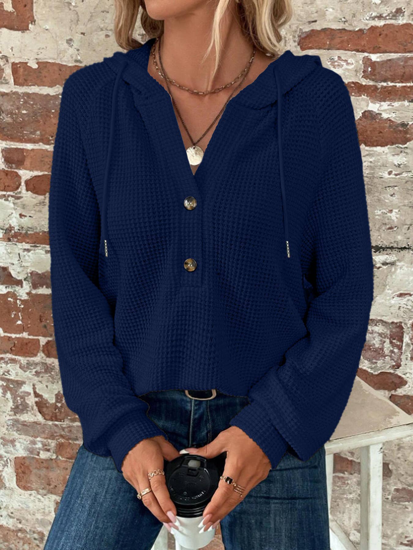 Lily Clothing - Vente Sweat à capuche – femme - Sweat à capuche uni à boutons et manches longues3