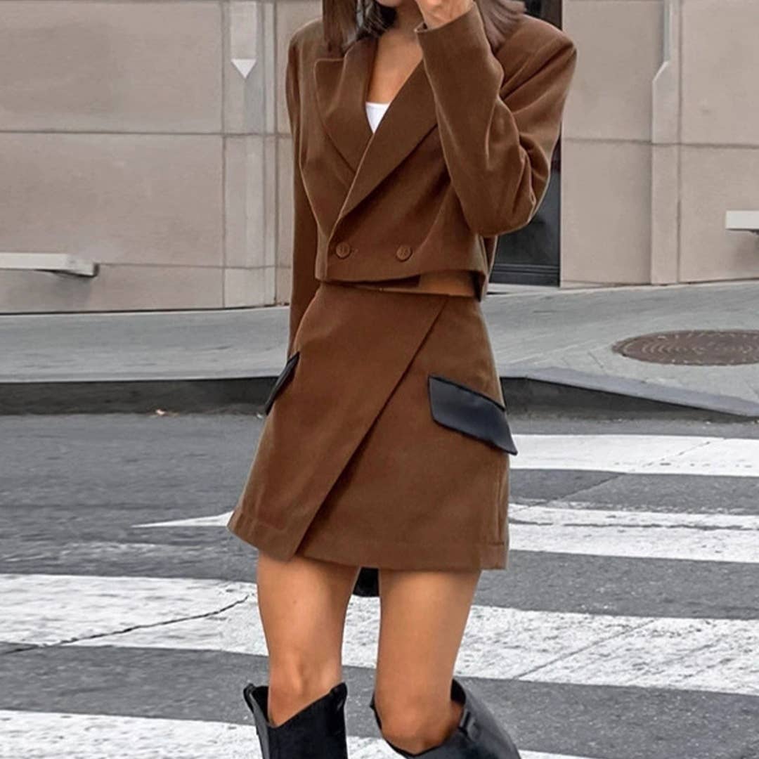 Brown 2pcs Short Jacket & High-Waist Colorblock Skirt Set ZK3624 for wholesale on Faire2