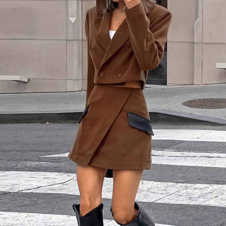 Brown 2pcs Short Jacket & High-Waist Colorblock Skirt Set ZK3624 for wholesale on Faire2