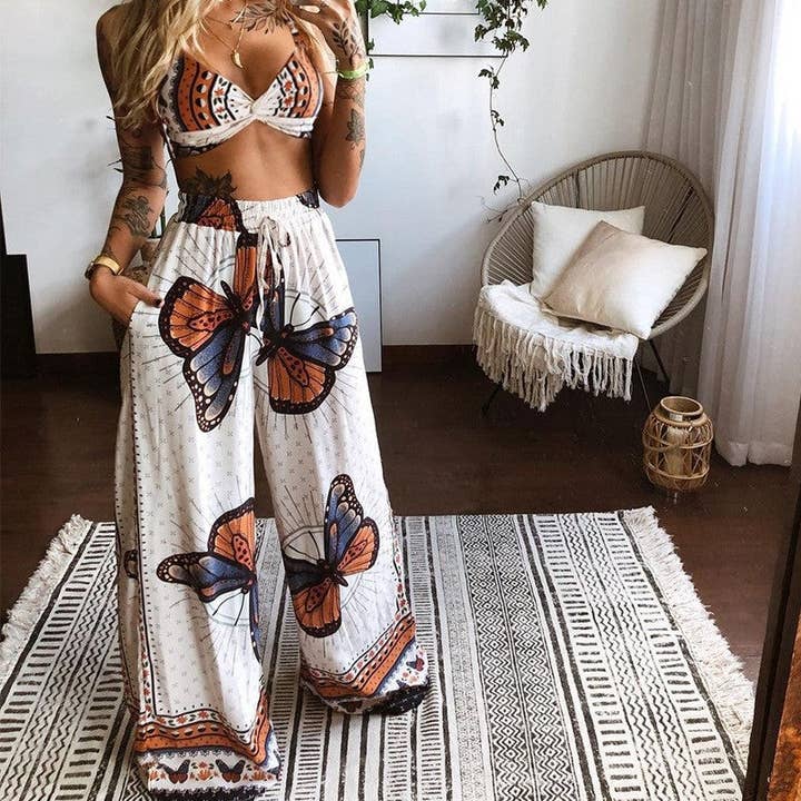 FurDecoration - Wholesale Top & Pant Set (NOT Loungewear) - Women's - Loose Fit Floral Print Tube Top And Wide Leg Pants Set