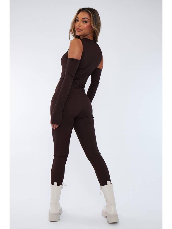 Chocolate Rib Cut Out Shoulder Thumb Hole Jumpsuit - Mel for wholesale on Faire