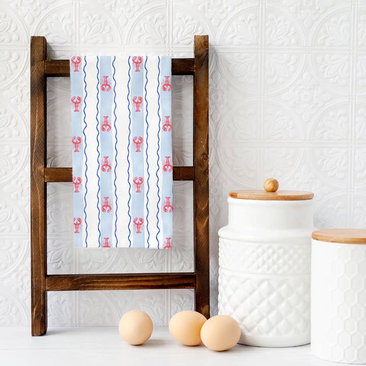 KelseyMDesigns - Wholesale Tea Towel - Lobster Striped Tea Towel - Coastal Summer Kitchen Tea Towel2
