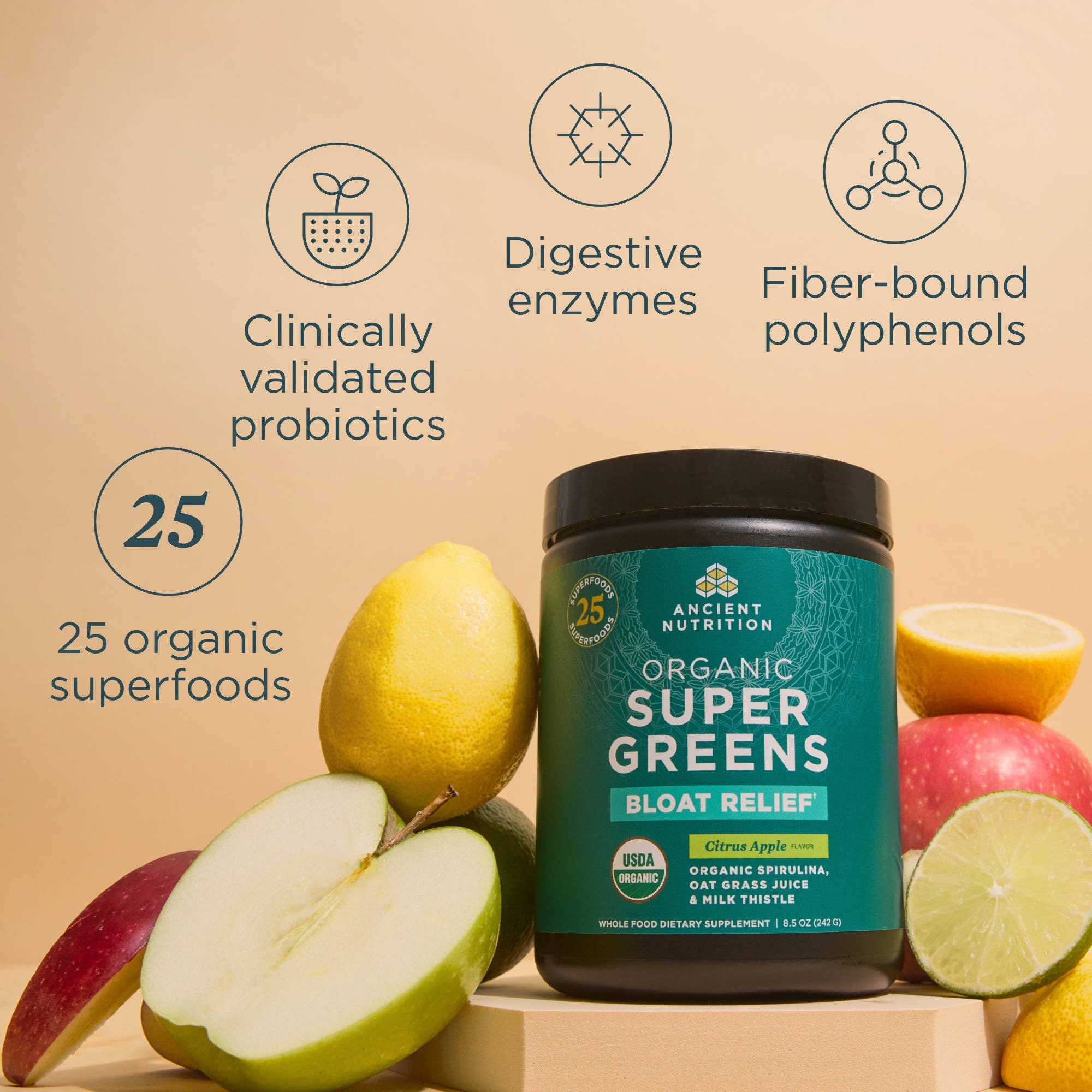 Ancient Nutrition - Wholesale Protein/Superfood Powder - Organic SuperGreens Bloat Relief† | Powder Citrus Apple Flavor (25 Servings)2