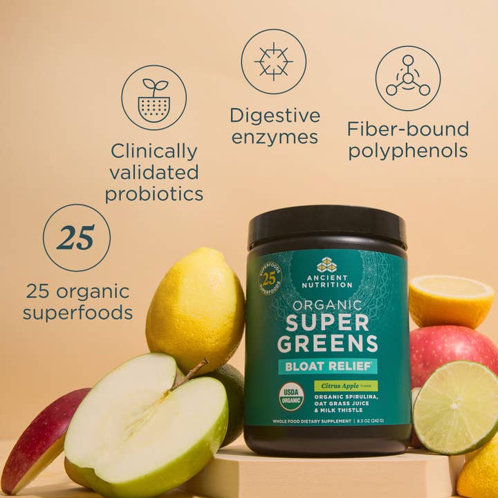 Ancient Nutrition - Wholesale Protein/Superfood Powder - Organic SuperGreens Bloat Relief†| Powder Citrus Apple Flavor (25 Servings)2