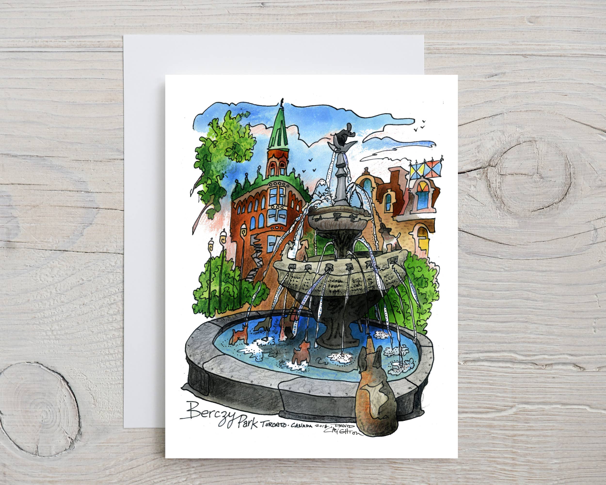 Totally Toronto Art/Sassy City Studio - Wholesale Everyday Greeting Card - Doggie Fountain Urban Art Greeting Card1
