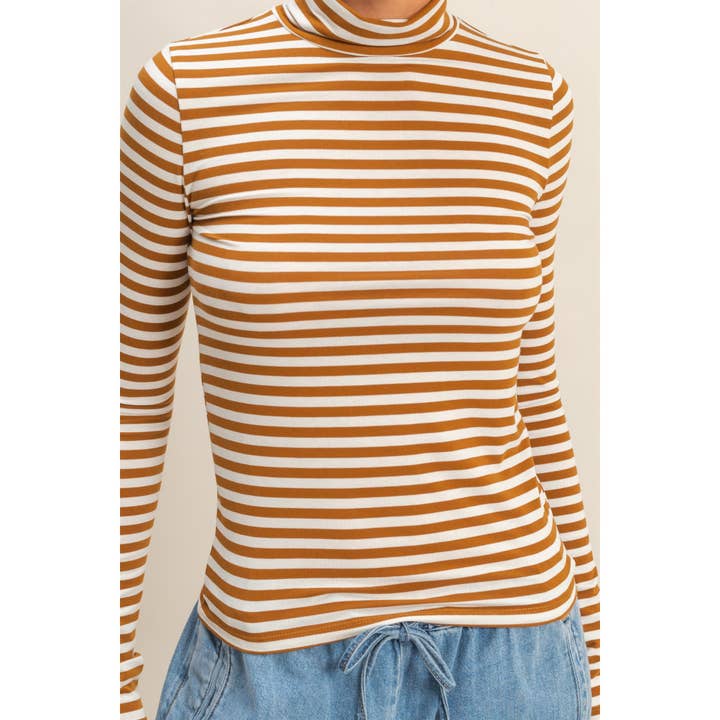 Double Zero - Wholesale Knit Top - Women's - Striped Turtleneck Fitted Long Sleeve Top2