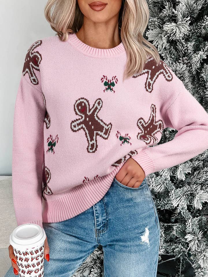 Pink Christmas Ginger Bread Man Print Round Neck Casual Sweater for wholesale by Suhkasana