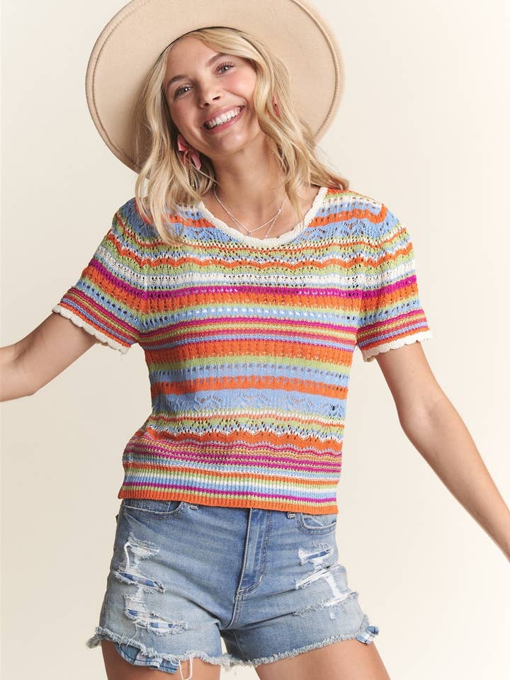 MULTICOLOR STRIPE CROCHET TOP- LET3688 for wholesale by Madelyn