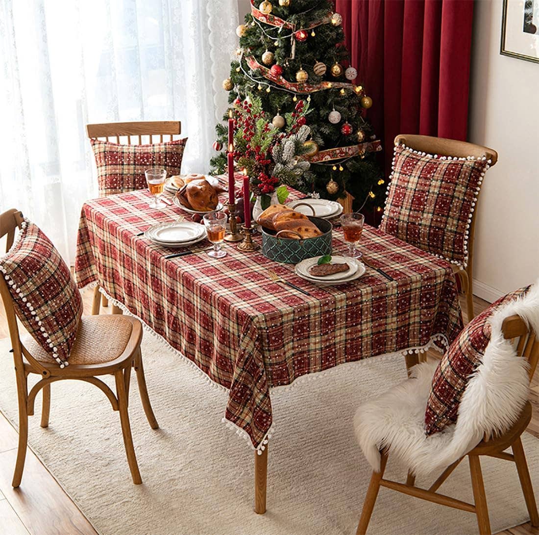 Fennco Styles - Vente Nappes - Nappe de fête classique à carreaux avec pompon en forme de flocon de neige2