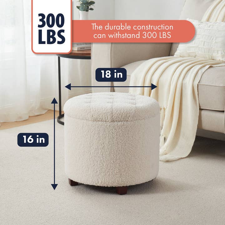 Ornavo Home - Vente Repose-pieds - Donovan Pouf Rond Capitonné en Boucle avec Rangement - Blanc