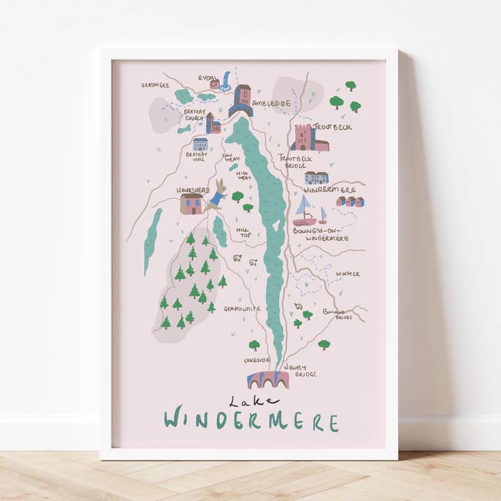 Lake Windermere, The Lake District, illustrated map for wholesale by Mads Illustration
