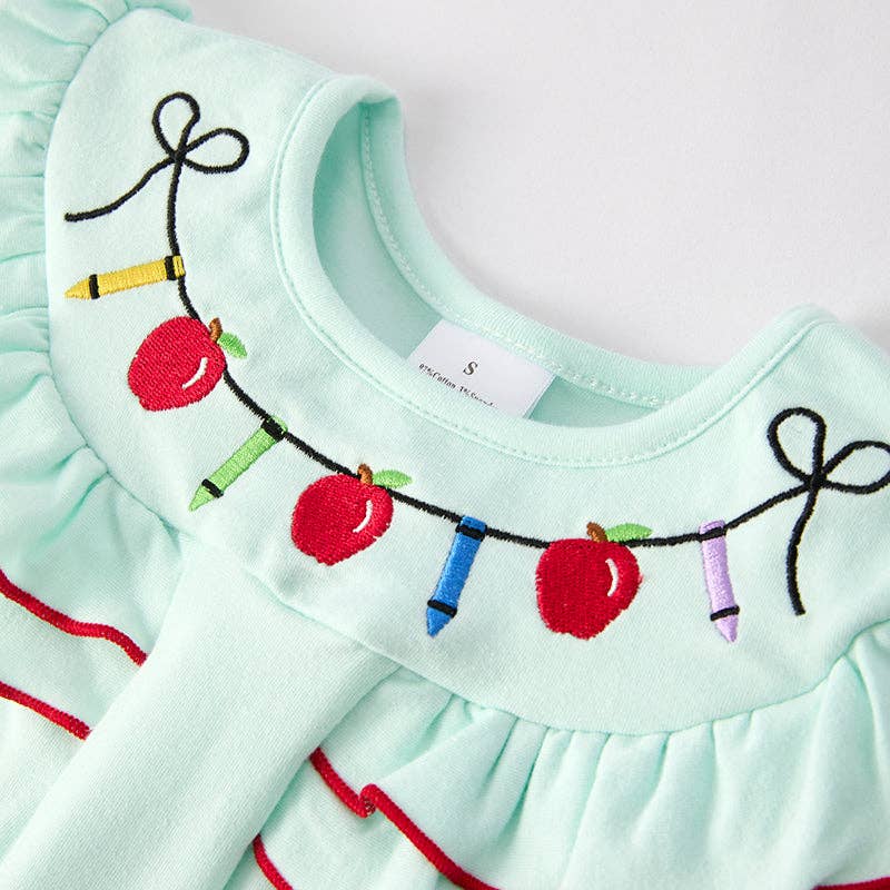 Auraquise - Vente Ensemble haut et short – enfant - Ensemble court en jean brodé de pommes pour filles de retour à l'école3