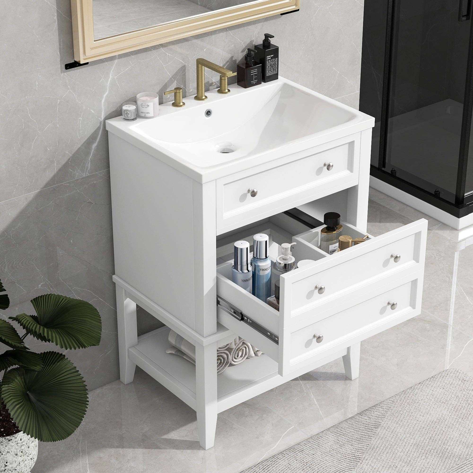 Orange County Decor - Wholesale Cabinet - 24" Bathroom Vanity With Sink, Bathroom Storage Cabinet With Drawer And Open Shelf, Solid Wood Frame, White White Solid Wood Mdf0