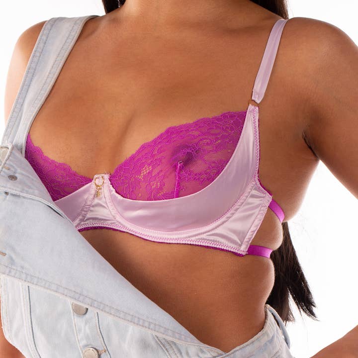 Pink Lace Satin Sling Bra Pink Lace Bra Adjustable Pink Bra for wholesale by Roshni Desai Designs