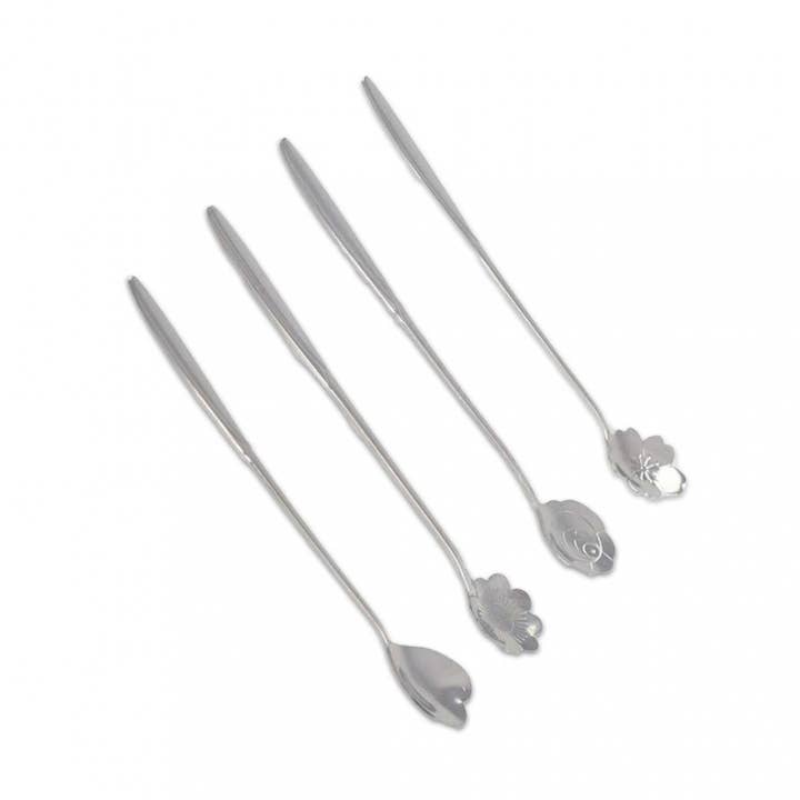 Long flower silver spoons - set of 4 for wholesale by AULICA