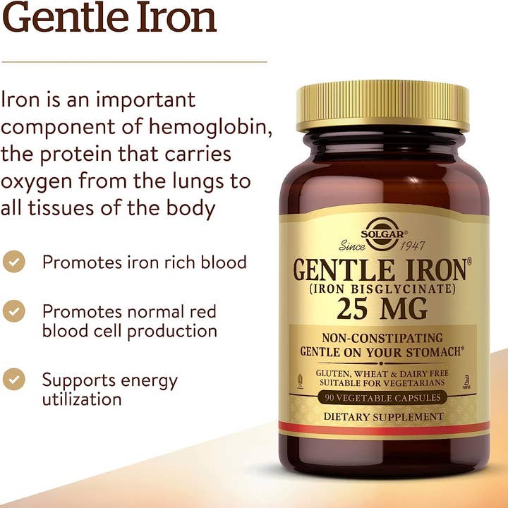 NutriCelebrity - Venta al por mayor Suplementos/vitaminas para beber - Solgar Gentle Iron 25 mg, 90 cápsulas vegetales - Energía