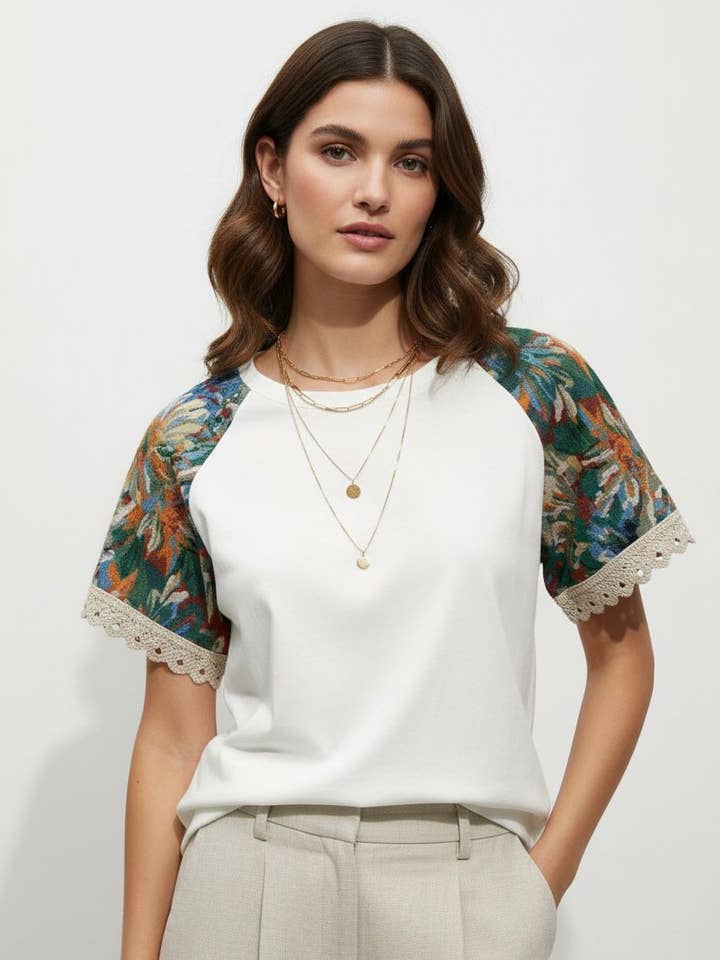 T-shirt med ärmar med Jacquard- och virkadetaljer Art 539 för wholesale av Nota bene