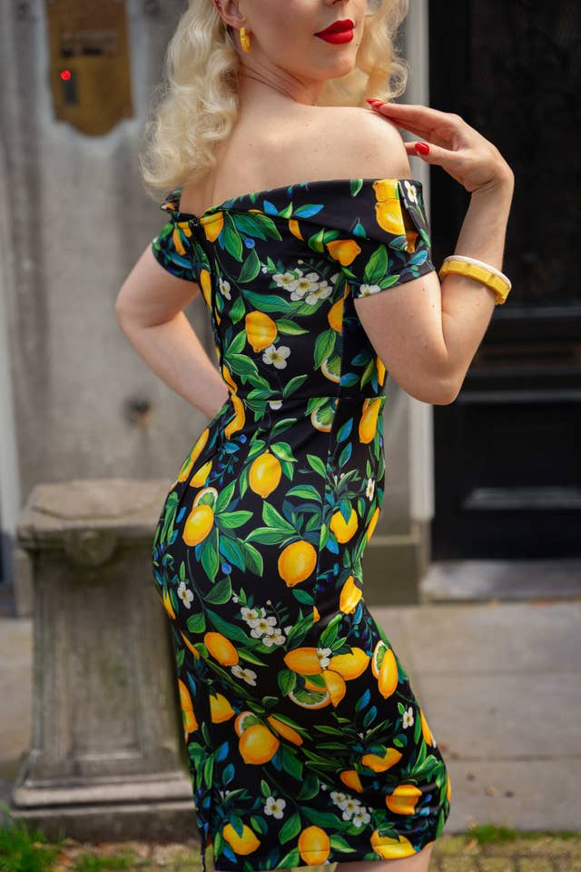 Dolly & Dotty - Wholesale Dress - Women's - Monroe Off-the-Shoulder Pencil Dress in Black Lemon Print5