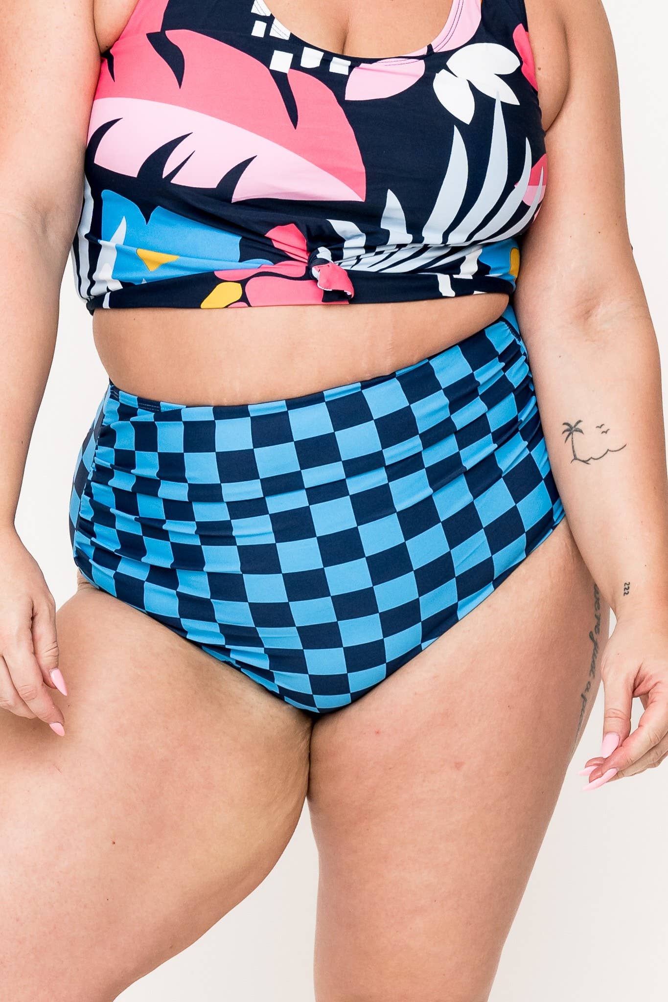 Blue Check High Waisted Ruched Swim Bottoms for wholesale on Faire1