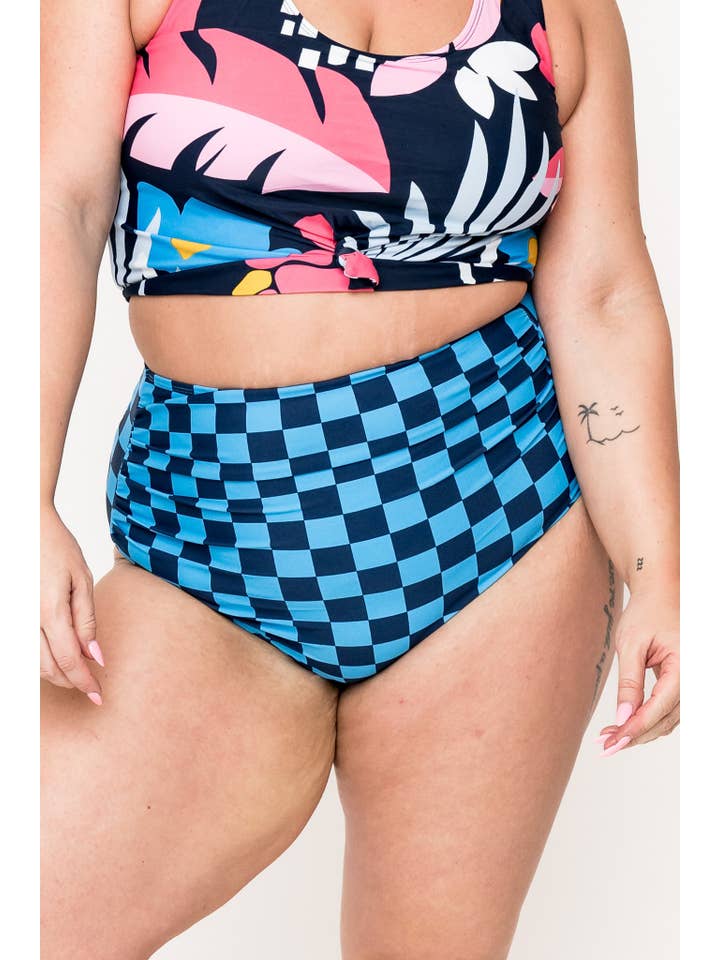 Blue Check High Waisted Ruched Swim Bottoms for wholesale on Faire1
