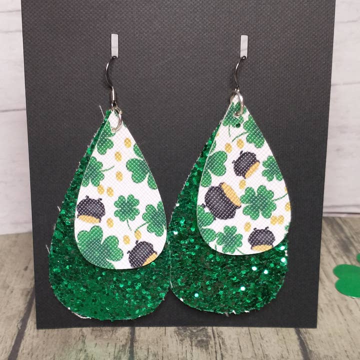 Gold Pot Green Glitter Earrings for wholesale by Merlscreations LLC
