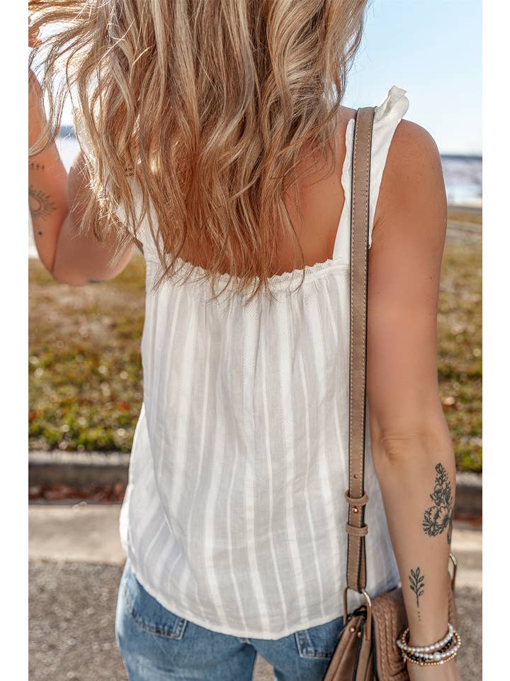White LDC Lace Crochet Ruffled Buttoned Loose Fit Tank Top for wholesale on Faire