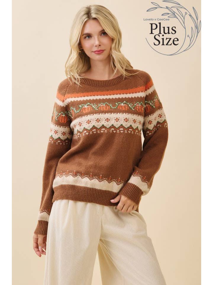 Brown Multi Plus Autumn Pumpkin Knit Sweater OT52161PL for wholesale on Faire