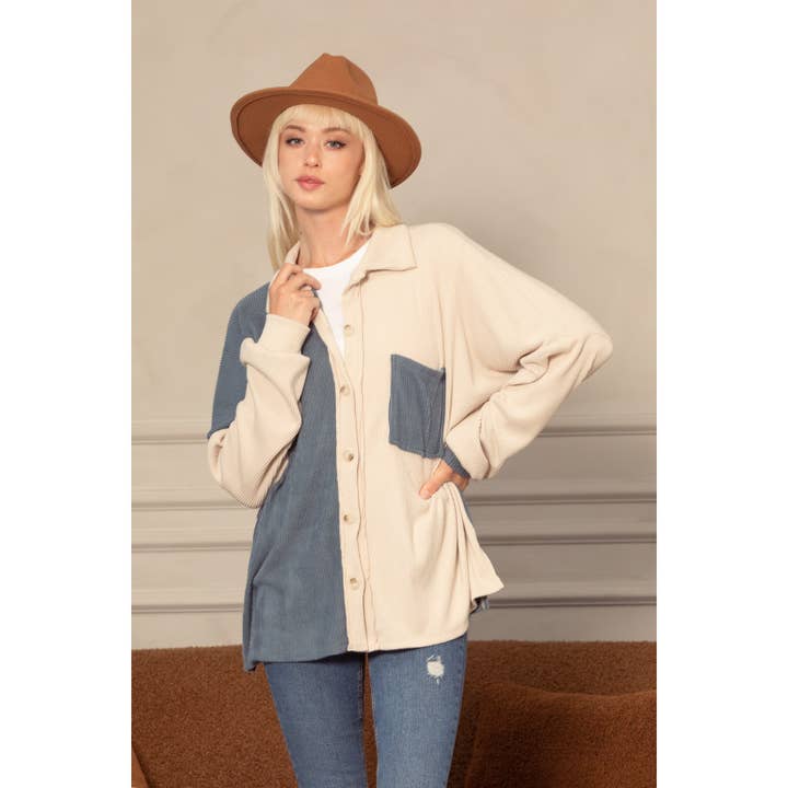 Solid børstet slouchy rib strik shacket for engroshandel hos salt & bit