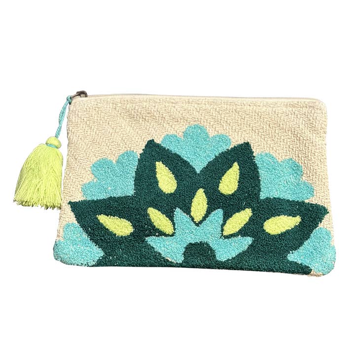 Ivory Embroidered Puffy Green Flower Cotton Pouch for Women for wholesale by Chloe & Lex