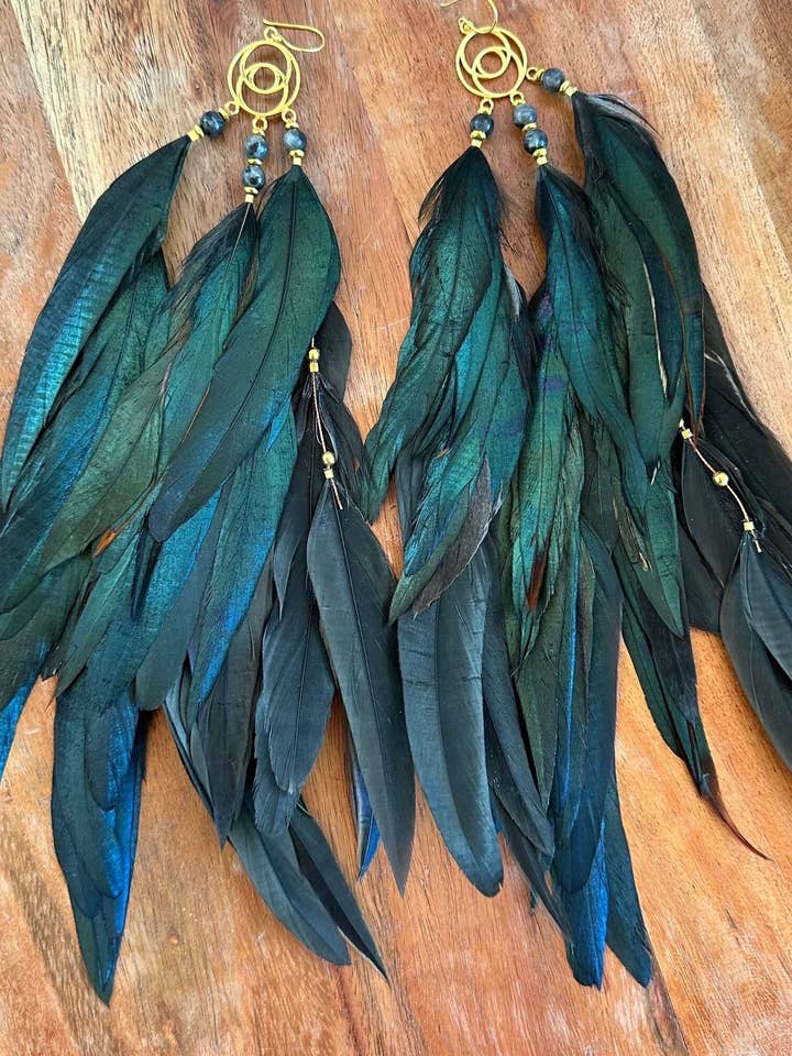 Goddess Earrings - Iridescent Green Feathers (Vesica Piscis) for wholesale by Spirit Luminous