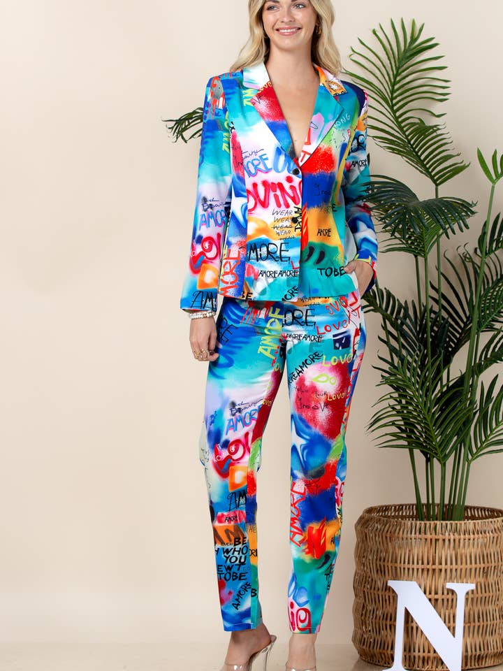81098-Alysa-Abstract Print Women Jacket and Pants Set for wholesale by Nylon Apparel