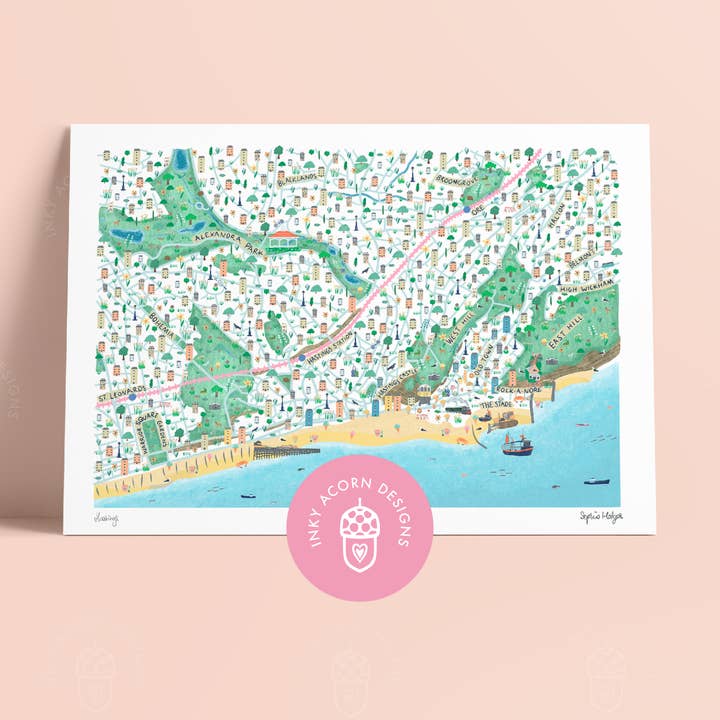 Hastings Illustrated Map Signed Art Print for wholesale by Inky Acorn Designs
