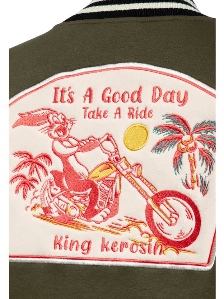 olive green Varsity jacket "It's a Good Day - Take a Ride" for wholesale on Faire4