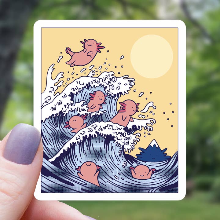 Autocollant japonais Big Wave Axolotls Riding - 3" pour la vente par Mimic Gaming Co