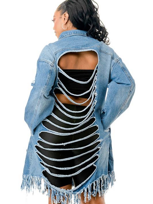 Regular Distressed Tassel Hem Belted Denim Dress Jacket for wholesale by Namatt Design