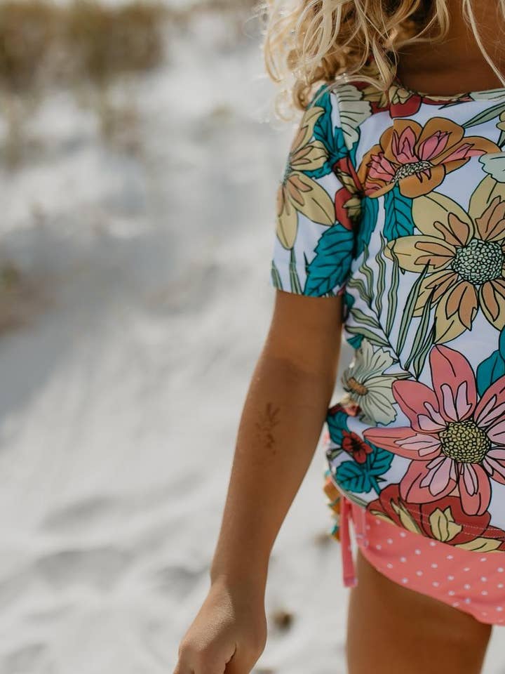 Oopsie Daisy - Wholesale Rashguard Set - Kids - Kids Pink Tropical Rash Guard Ruffle Swimsuit1