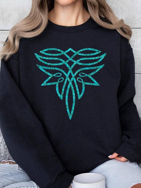 Chandails en molleton à motif graphique à point de botte turquoise pour la vente par ClassiQ