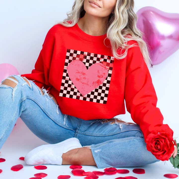 Checkered Heart Sweatshirt *RED (S-3X) for wholesale by Chloe Vs Tank