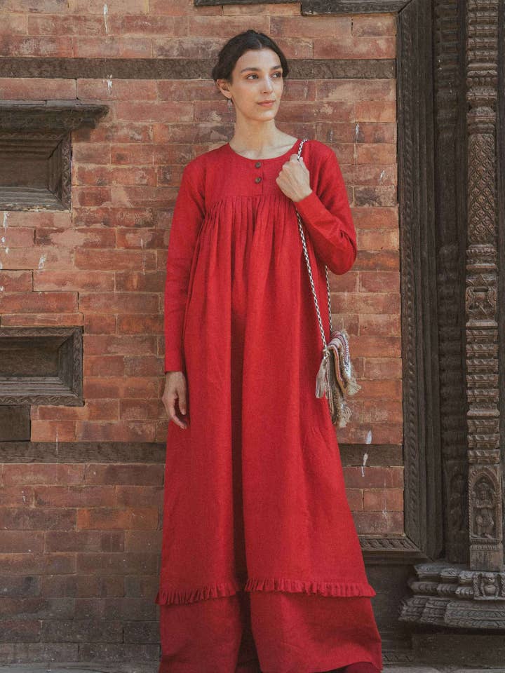 Vestido Kaftan Longo de Linho Vermelho por atacado de Drishya Linen