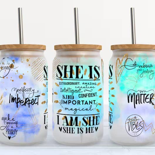 She Is, I Am She, She Is Me 16oz Frosted Glass Tumbler for wholesale by Kate Haven Glass Tumblers for Every Occasion
