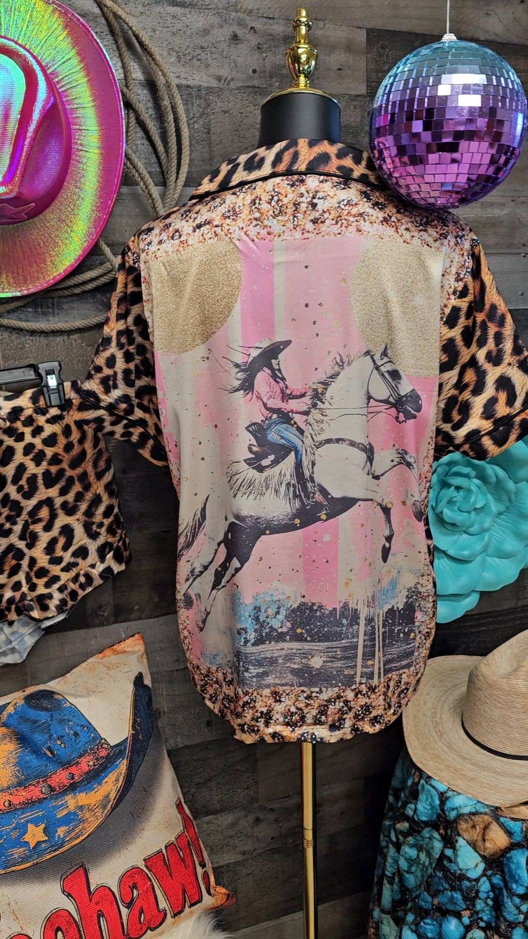 BAHA RANCH WESTERN WEAR - Wholesale Sleepwear Set - Women's - Baha Ranch Retro Pop Western Leopard Cowgirl Satin Pajamas3