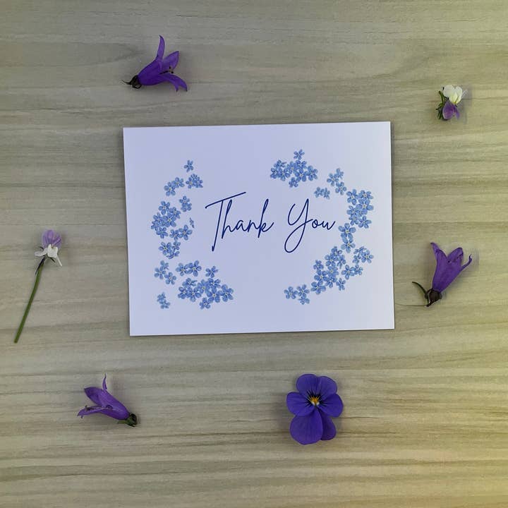 Soft Blue Spring Thank You Greeting Card, Forget Me Not for wholesale by Sea Spray AK