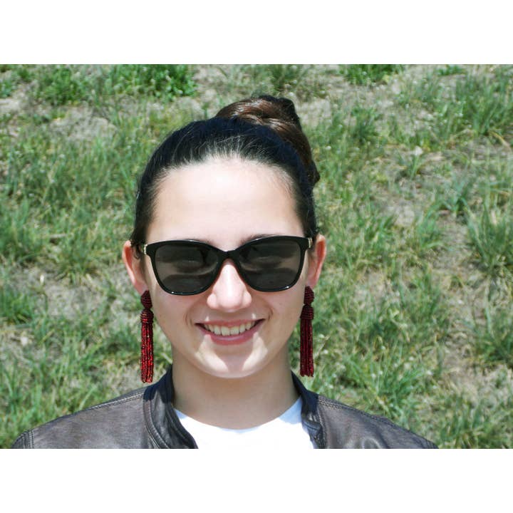 Ninolia - Wholesale Tassel Earrings - Red Sparkly Earrings Red Holiday Earrings Red Glitter Earrings Red Bead Tassel Fringe Drop Earrings Statement Tassel Burgundy Earrings Stud2