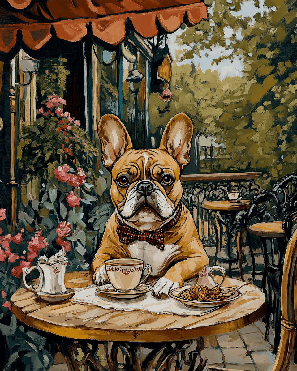 Mowbi - Wholesale Art Print - Fawn French Bulldog at Paris Cafe - Pet Dog Still Life Wall Art Prints – 8″x10″ Artwork for 11″x14″ Frame0