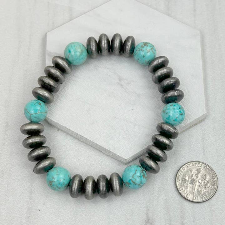 BRZ240708-54 Blue turquoise stone and Silver Navajo pearl beads bracelet for wholesale by Western Elite Jewelry