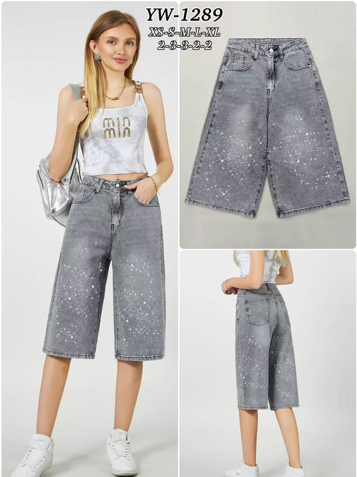 High waist bermuda jeans with rhinestones in grey for wholesale by Chilli Girl Collection